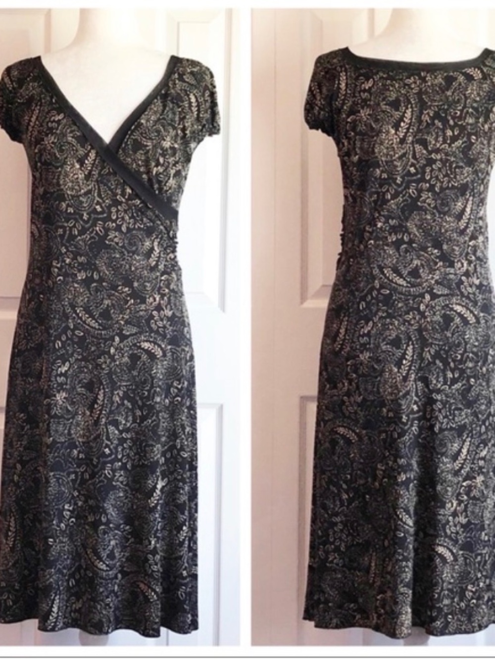 BCBGMaxAzria Black Floral Paisley Print Faux Wrap Midi Dress Medium